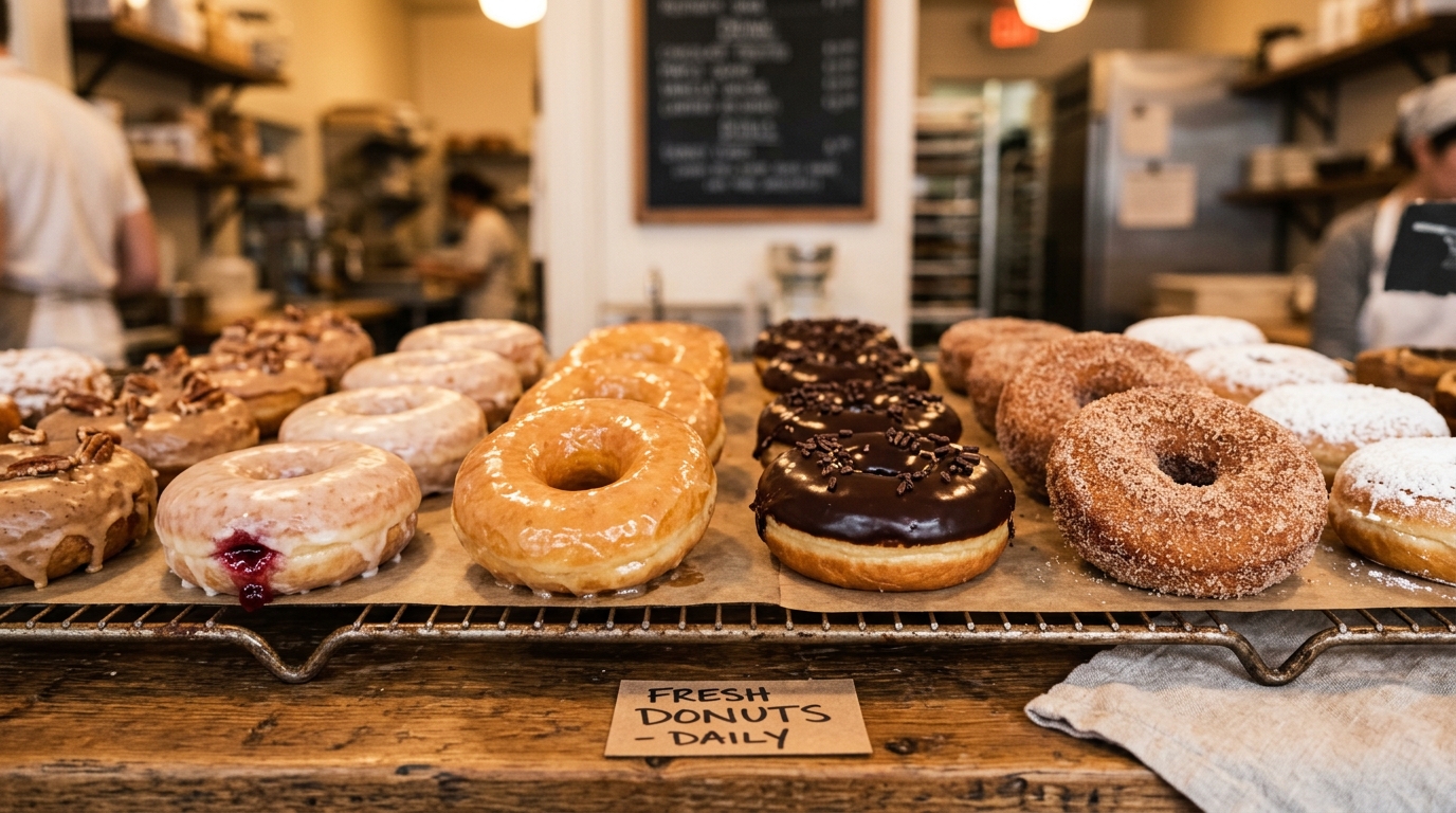 Fresh artisan glazed and chocolate frosted donuts on a bakery cooling rack